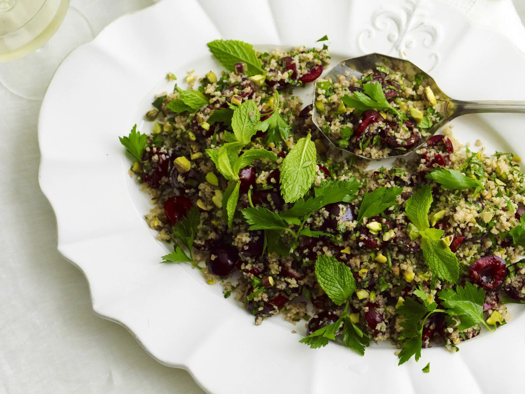 fresh cherry and pistachio tabbouleh