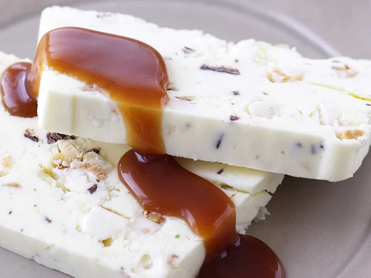 Choc-chip nougat frozen parfait with caramel sauce