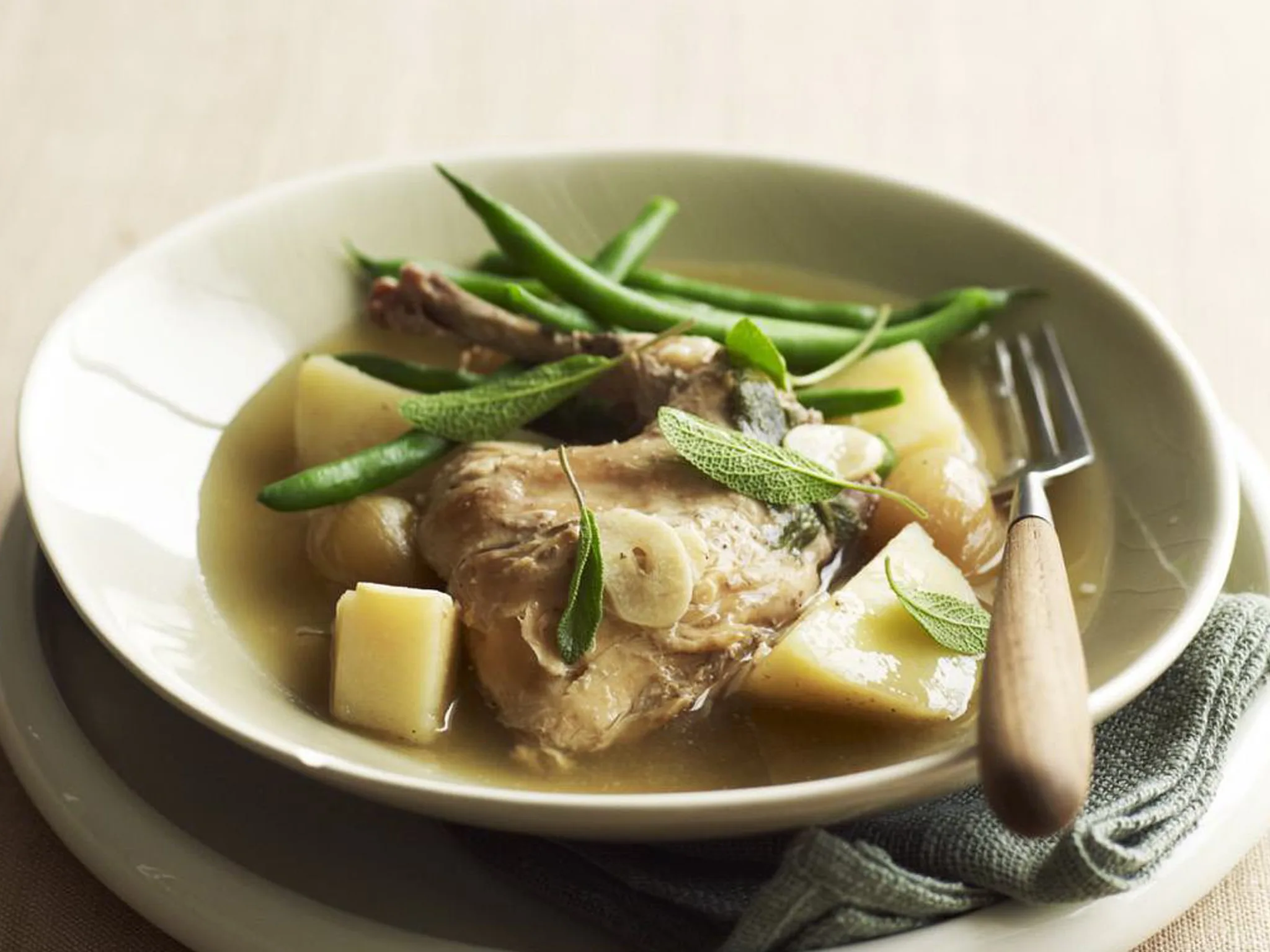 slow-cooked rabbit stew with sweet potato and sage