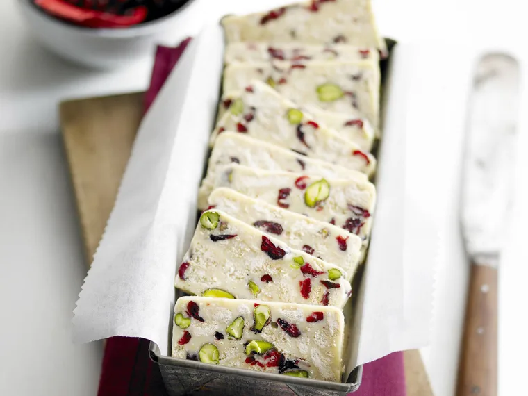 white chocolate, cranberry and pistachio hedgehog slice