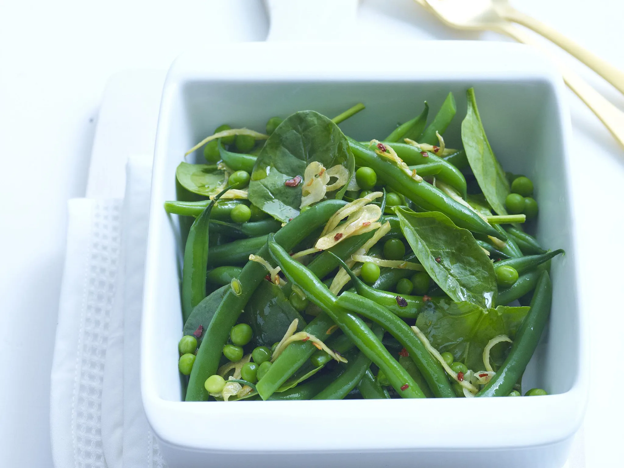 gingered beans with peas and spinach