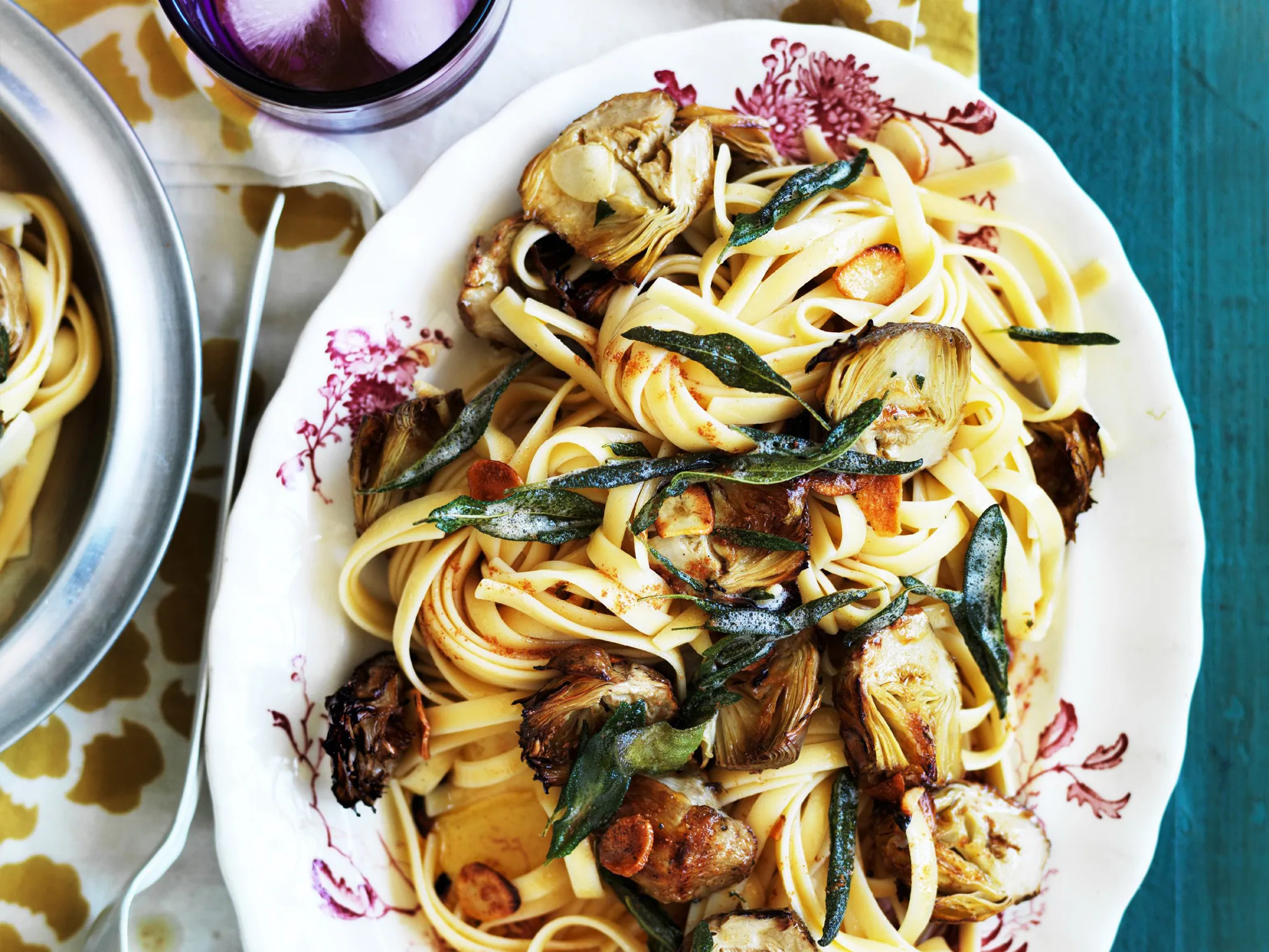 fettuccine with burnt sage butter, roasted artichokes and garlic