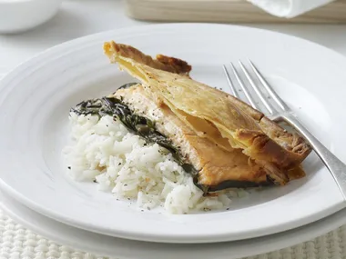 salmon, silver beet and rice pie