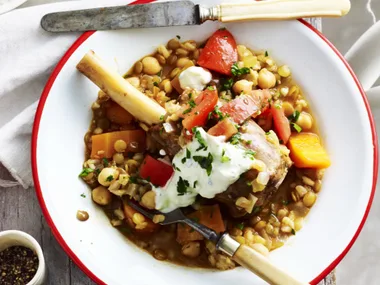 BRAISED LAMB SHANKS WITH TZATZIKI AND TOMATO SALAD