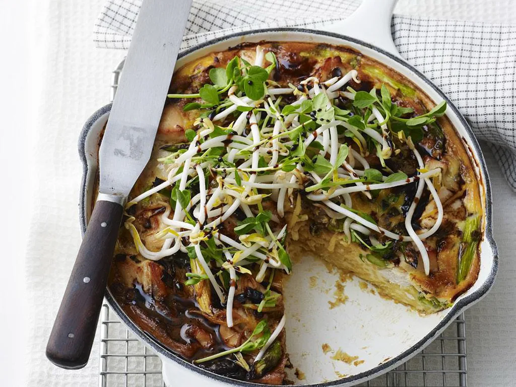 chicken, noodle and asparagus frittata