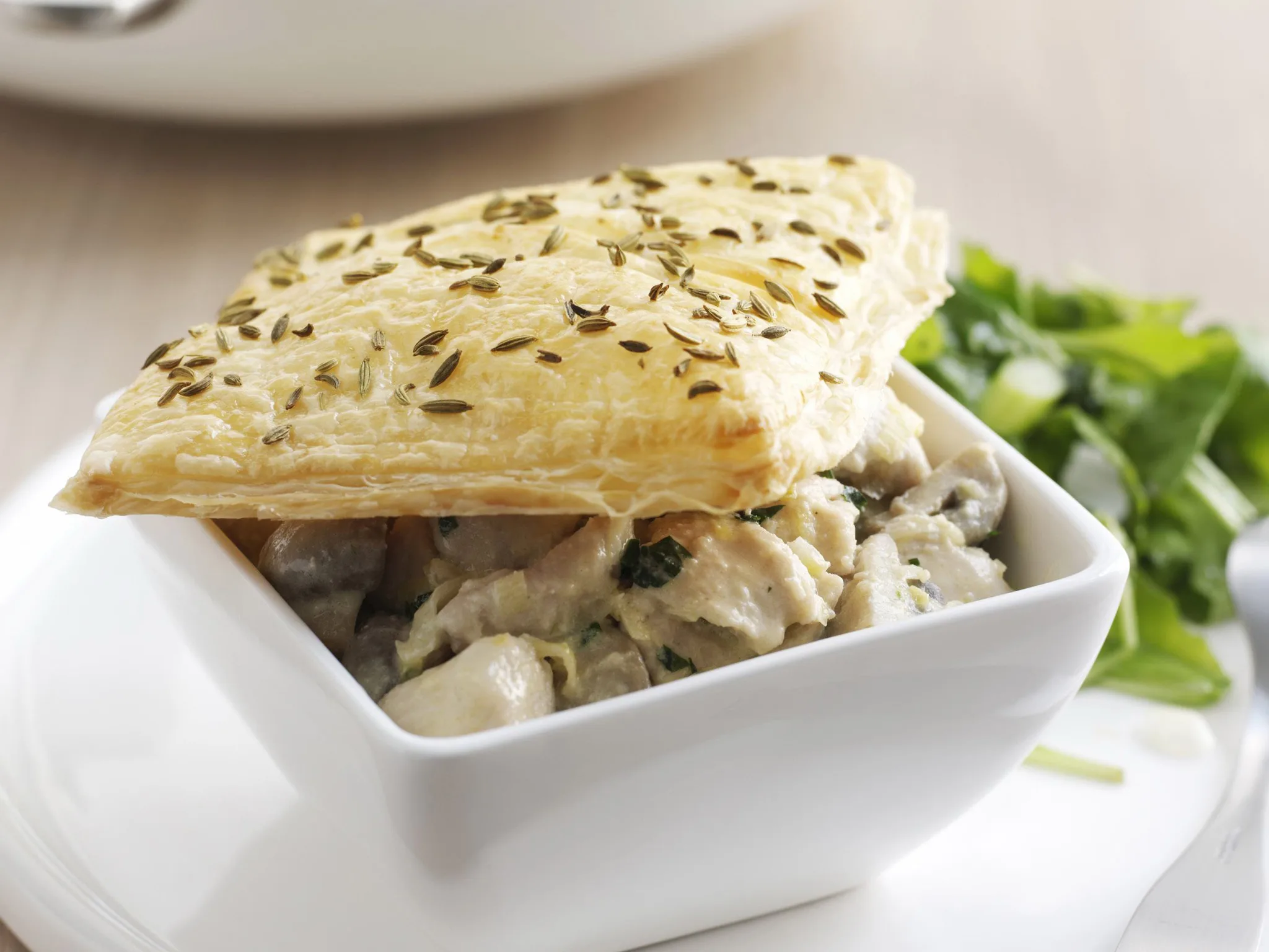 chicken, mushroom and fennel pies with rocket salad