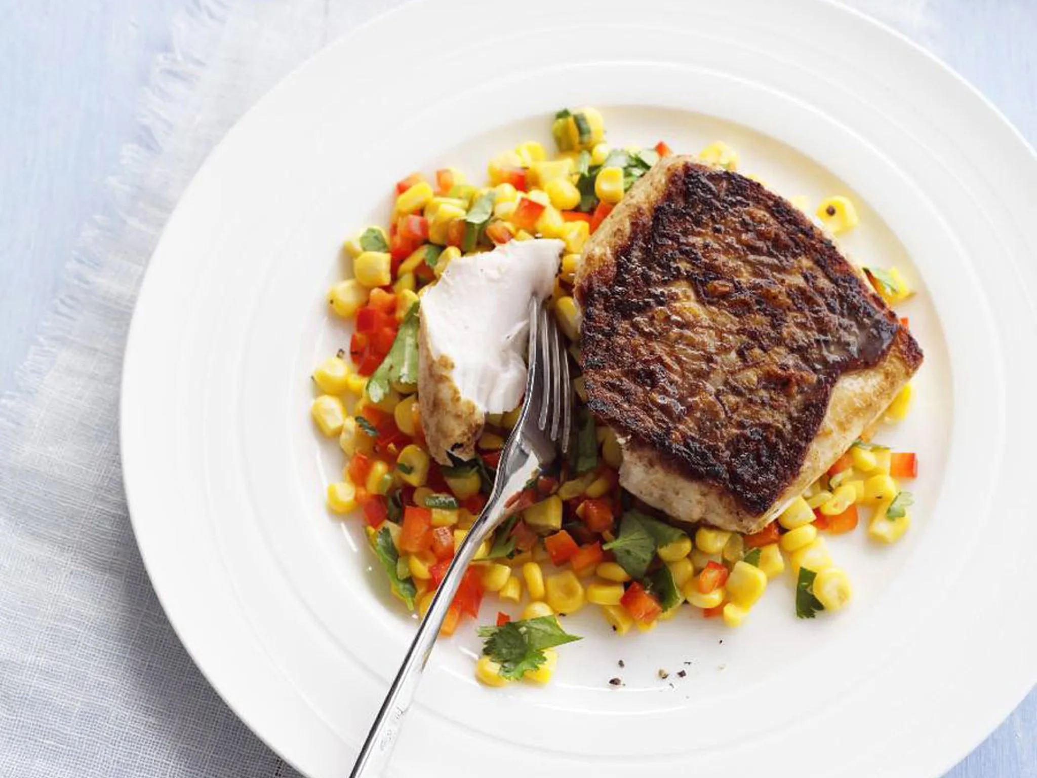 cumin fish with roasted corn salsa