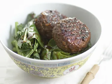 cantonese beef patties with gai lan