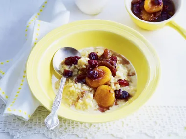 brown rice pudding with dried fruit compote