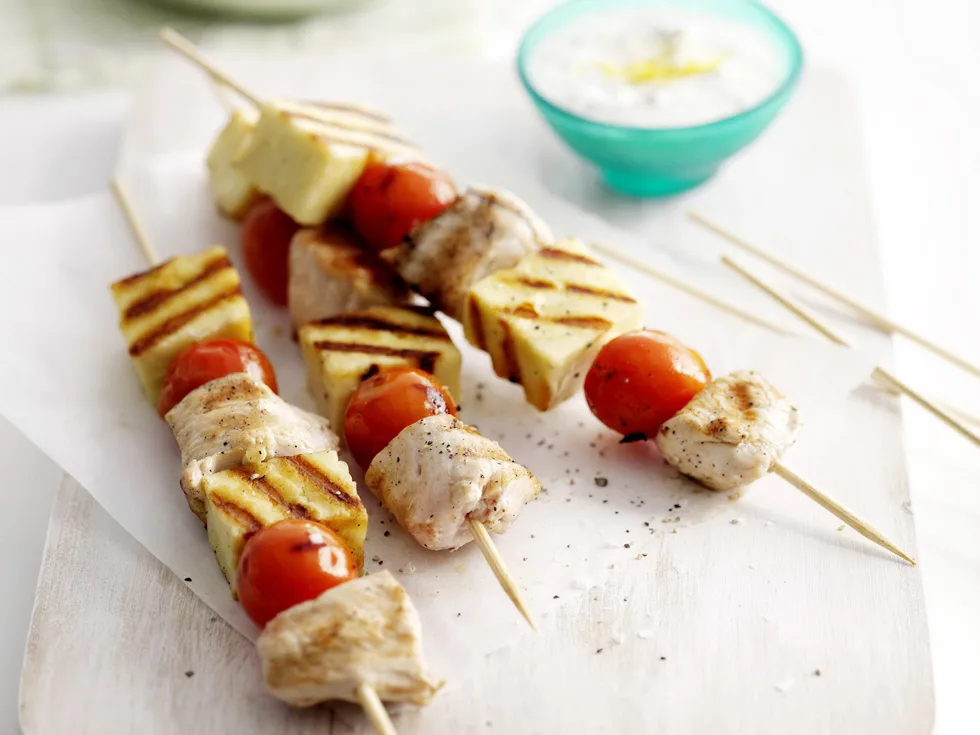 chicken and haloumi skewers with pilaf