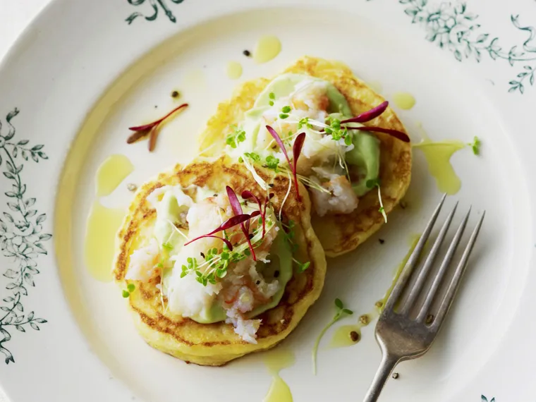 CORN BLINI WITH AVOCADO CREAM AND CRAB