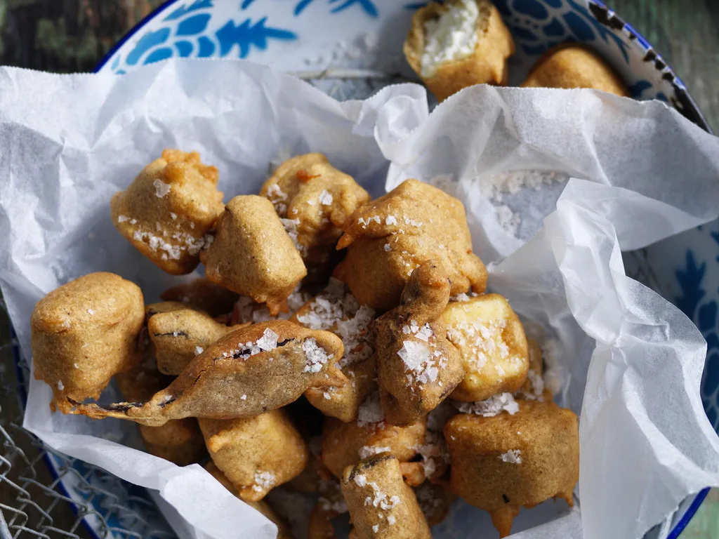 Spiced=m Paneer & eggplant fritters =m