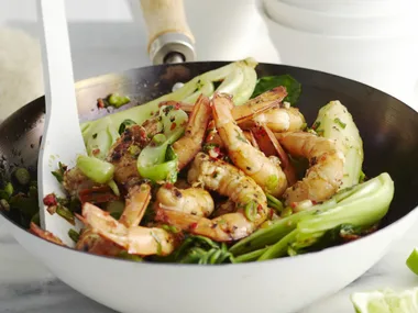 garlic prawns and buk choy with herbed rice