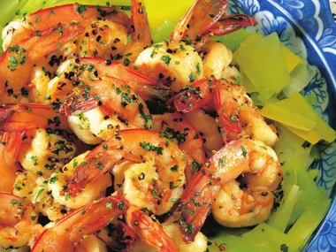 peppered prawns with leek