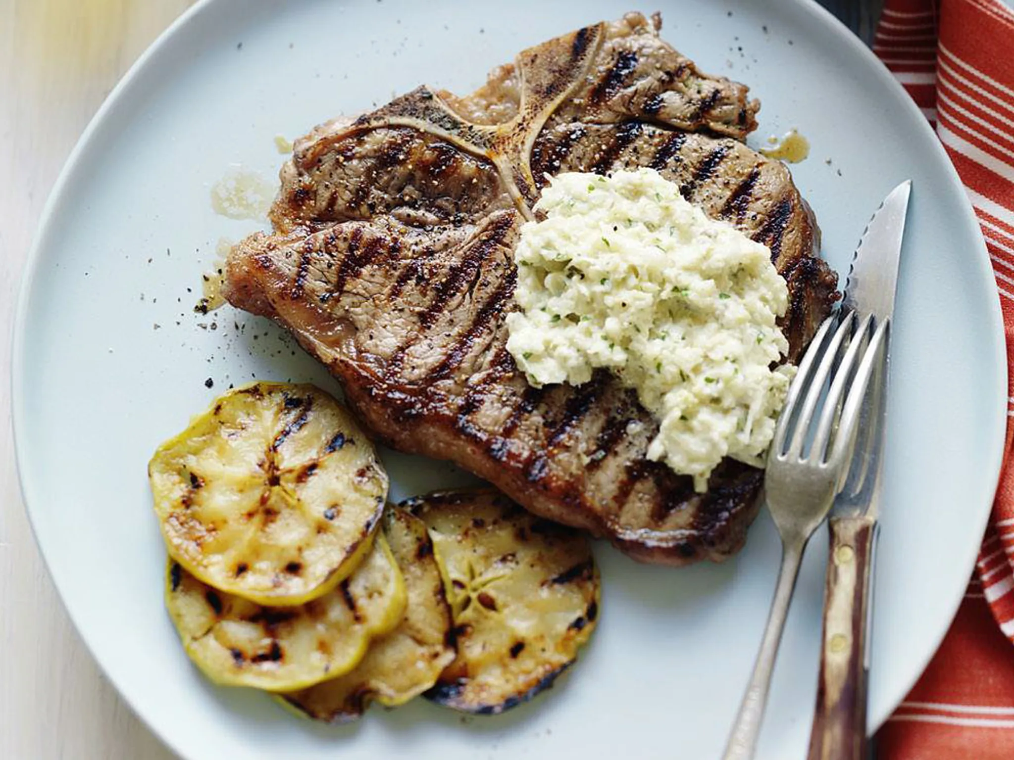 pepper steaks with fennel remoulade & apple