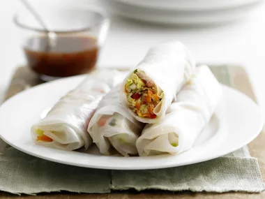 barbecued pork rice paper rolls