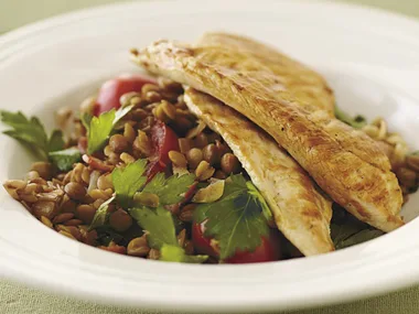 Chicken on warm lentil salad