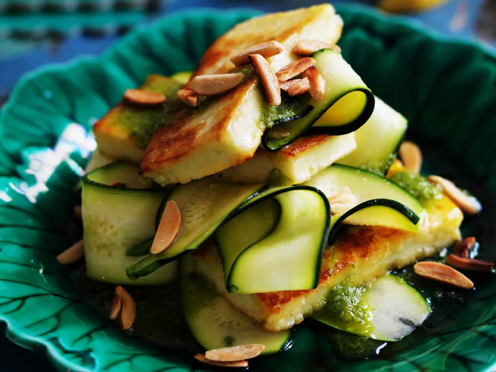 seared haloumi with zucchini and basil