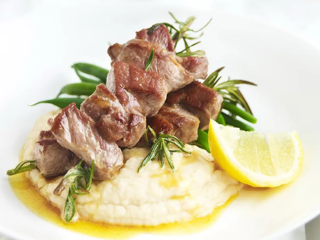 ROSEMARY LAMB SKEWERS WITH WHITE BEAN PUREE