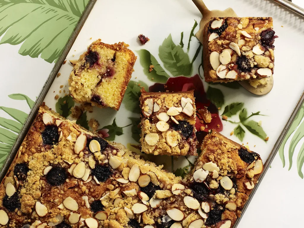 cherry sour cream coffee cake with almond crumble