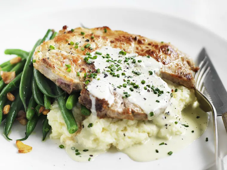 PORK CHOPS WITH BLUE CHEESE SAUCE & CAULIFLOWER MASH
