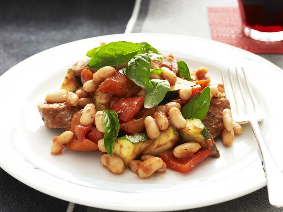 OVEN-BAKED LAMB SAUSAGES, BEANS & TOMATOES