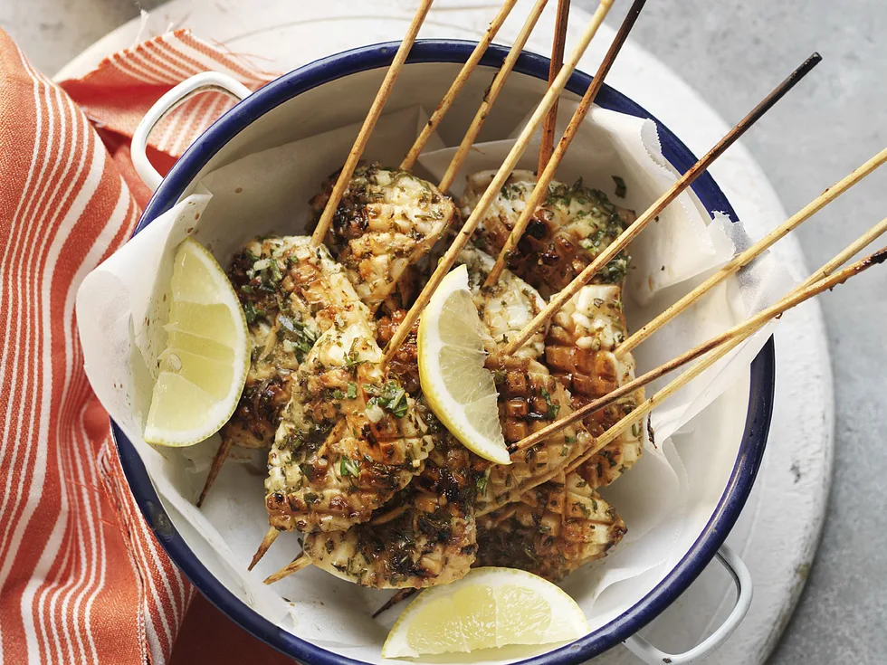 rosemary, basil & garlic  cuttlefish skewers