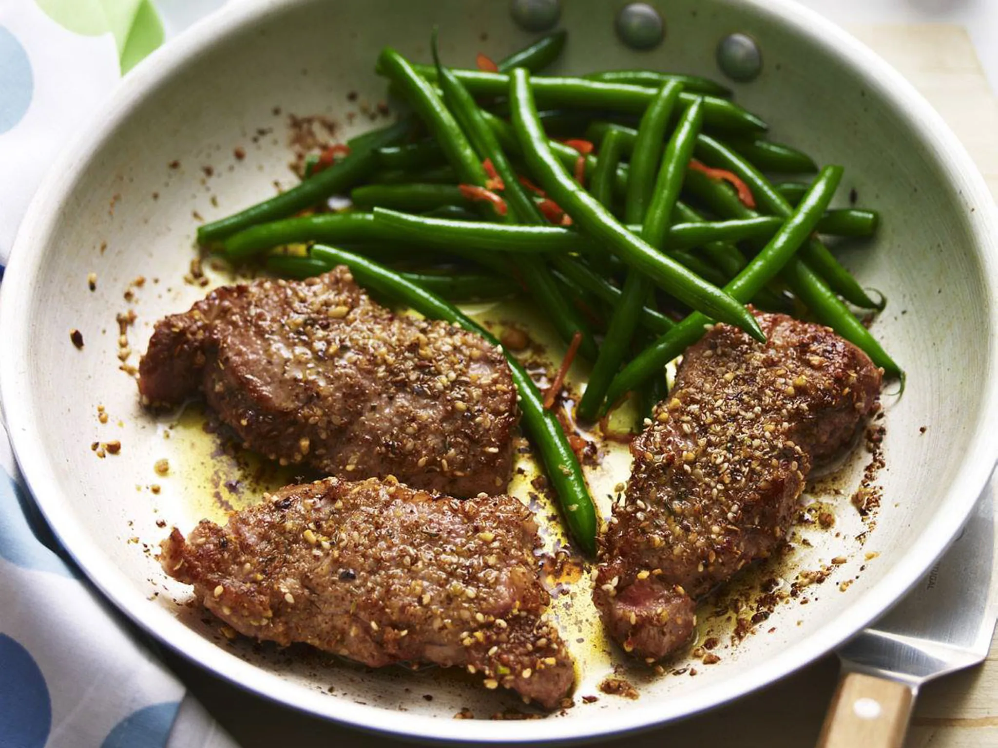 DUKKAH VEAL WITH CHILLI BEANS