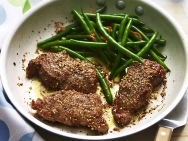 DUKKAH VEAL WITH CHILLI BEANS