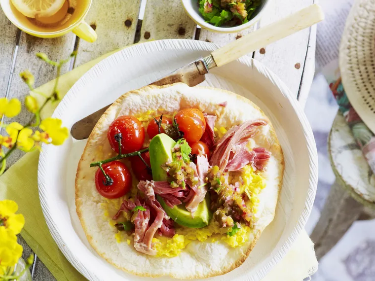 tortilla with corn, ham hock and coriander jalapeño salsa