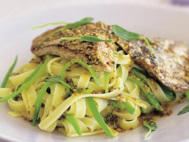 Veal and fettuccine in sage mustard sauce