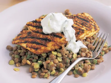 Curried blue-eye with lentils and raita