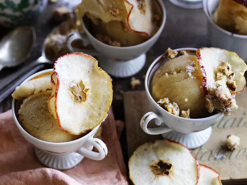 TOFFEE APPLE SORBET WITH PECAN ROSEMARY CRUMBLE