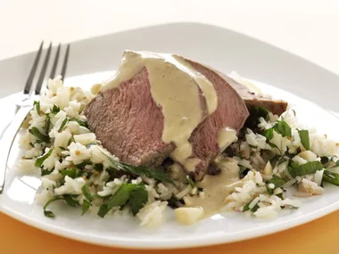 honey-mustard beef with macadamia rice
