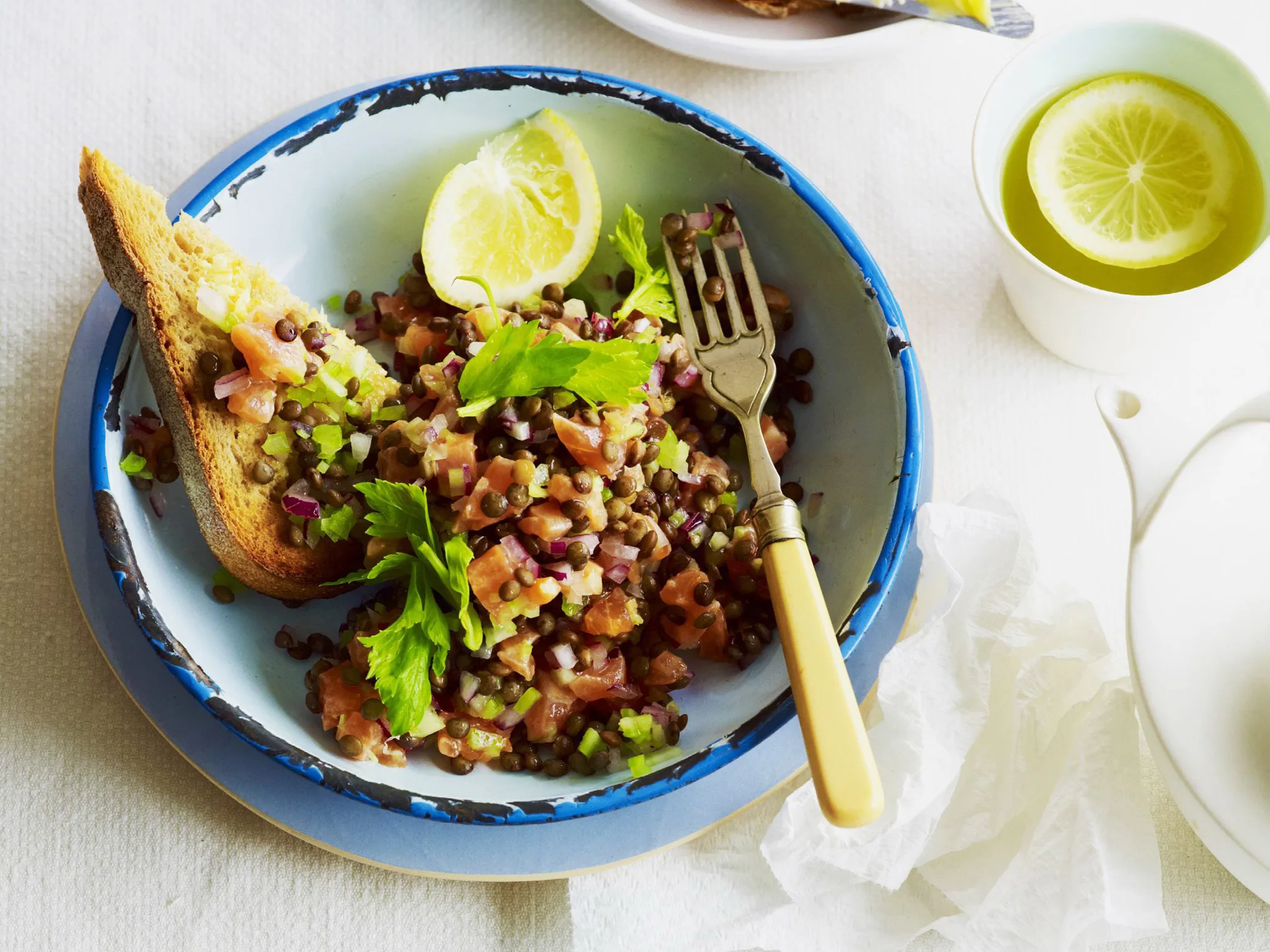 salmon tartare and lentil salad
