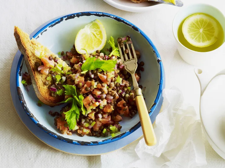 salmon tartare and lentil salad