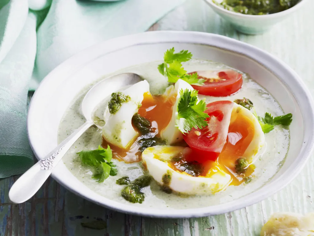 soft-boiled eggs with herbed curry and yogurt