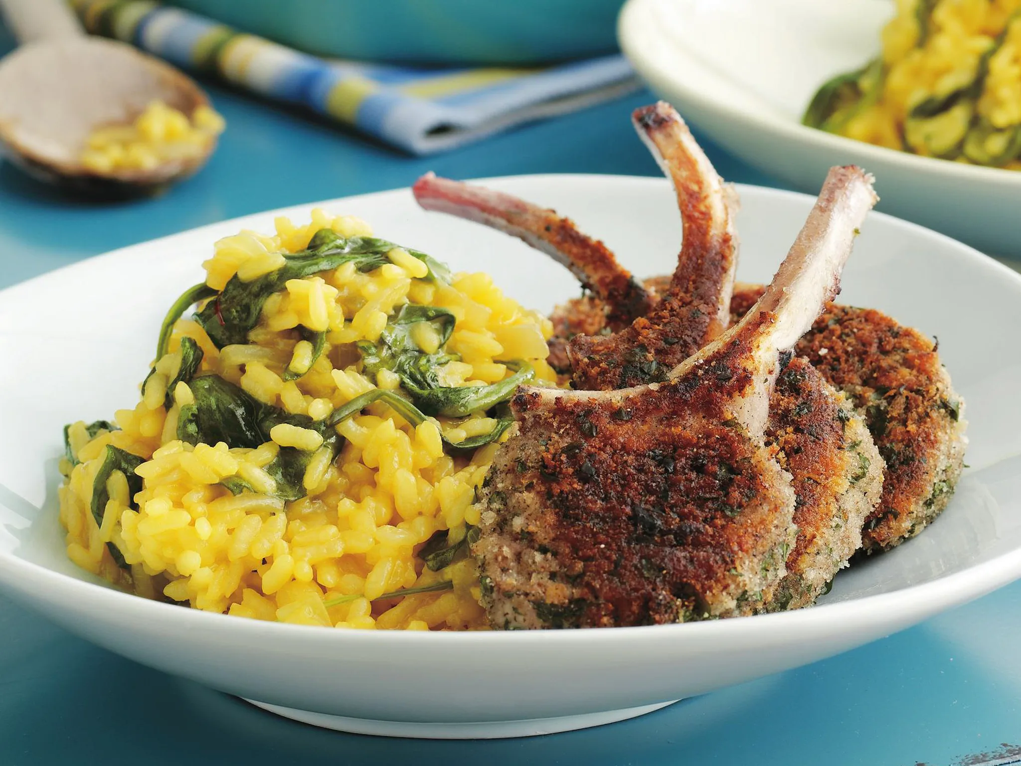 cardamom-crumbed cutlets with risotto milanese