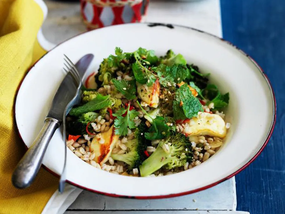 roasted broccoli with barley and haloumi