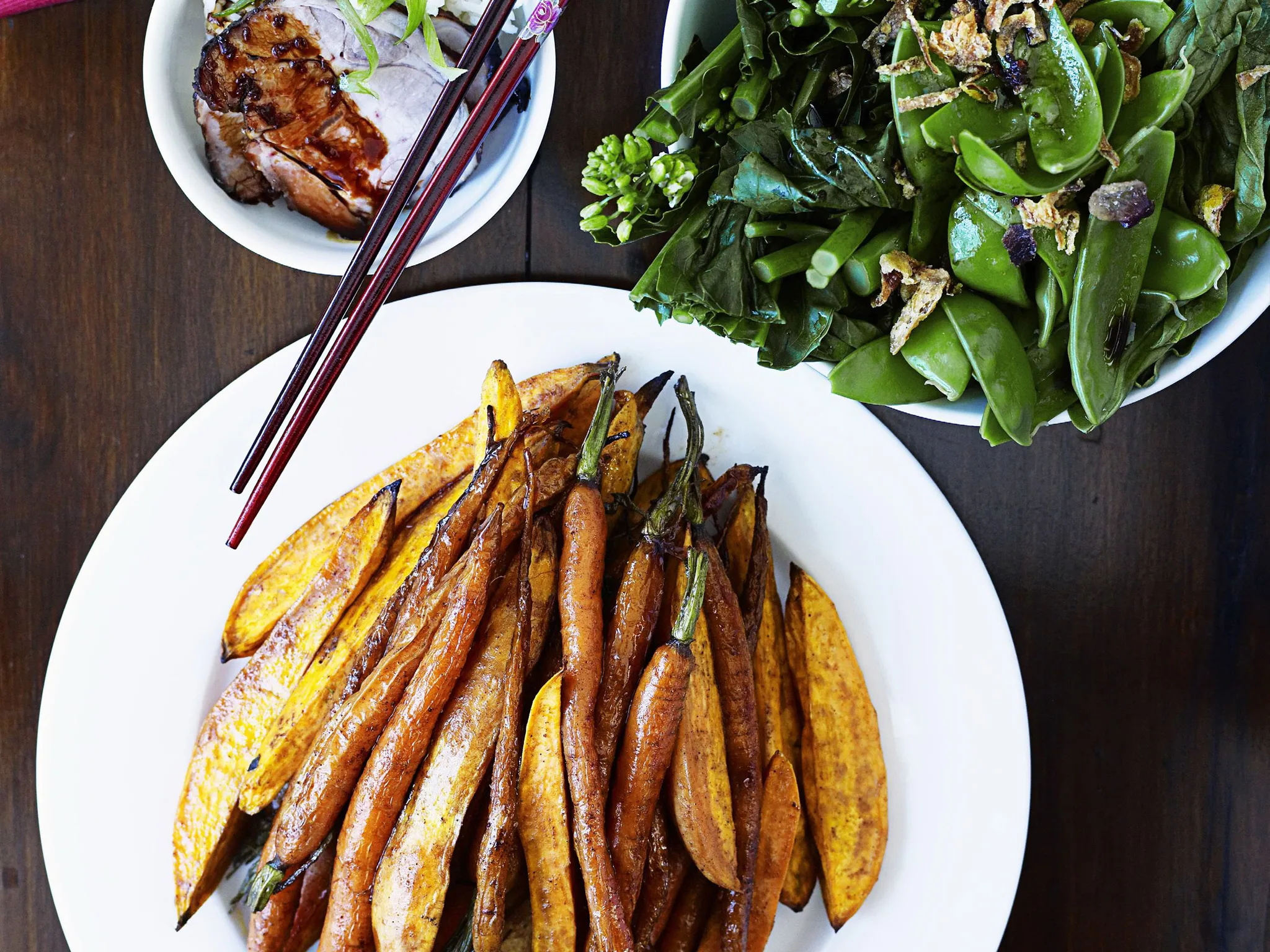 honey and five-spice kumara and carrots