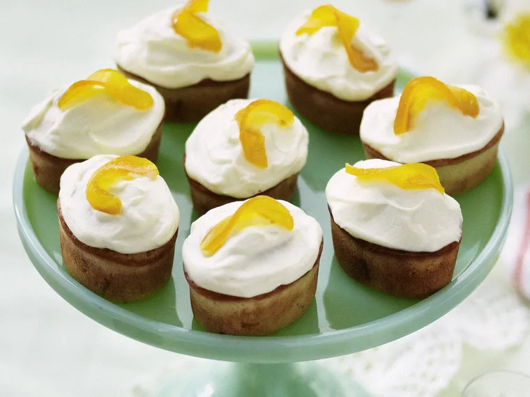 peach friands with orange mascarpone frosting