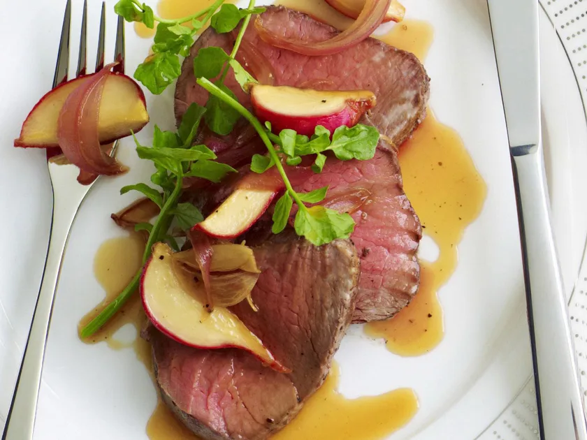 Barbecued Fillet of Beef with Caramelised Radish and Onion