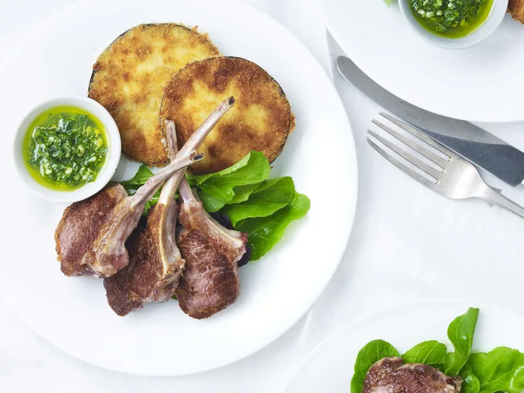 lamb with crumbed eggplant and pesto