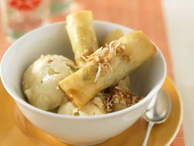 banana lumpia with syrup and coconut ice-cream