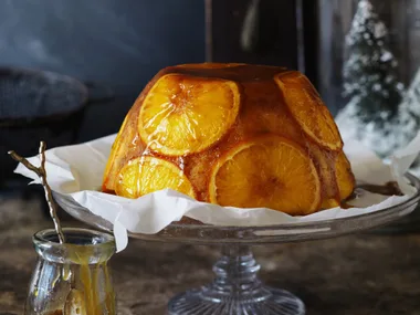 orange pudding with rum sauce