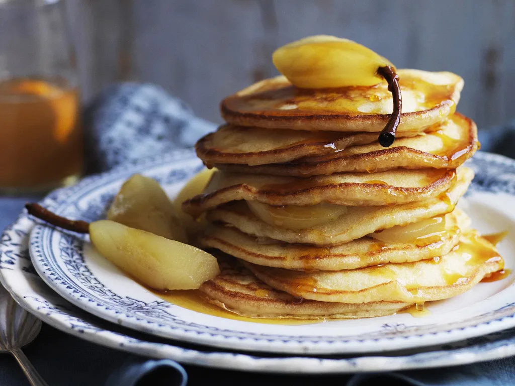 buttermilk pancakes with poached pears