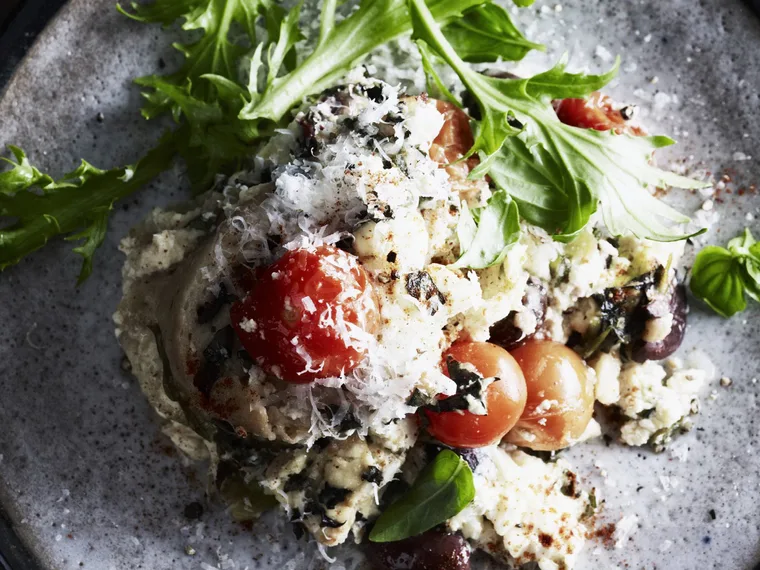 cheese, tomato and olive bread pudding