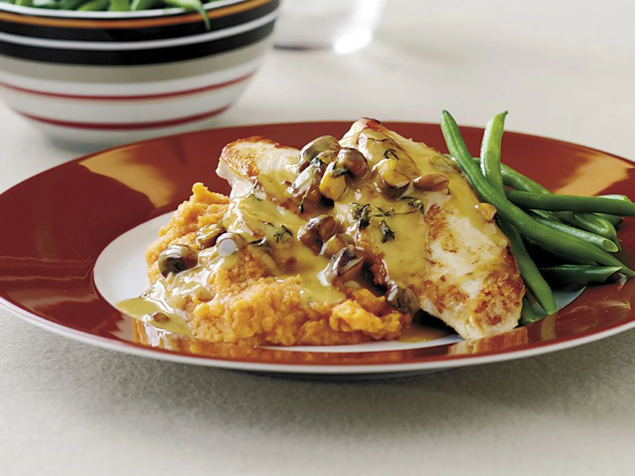 Chicken with pistachio sauce and kumara mash