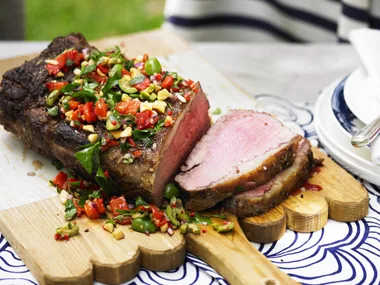 roasted fennel and rosemary beef with capsicum almond salsa