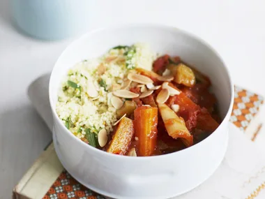 harissa braised vegetables with orange and mint couscous